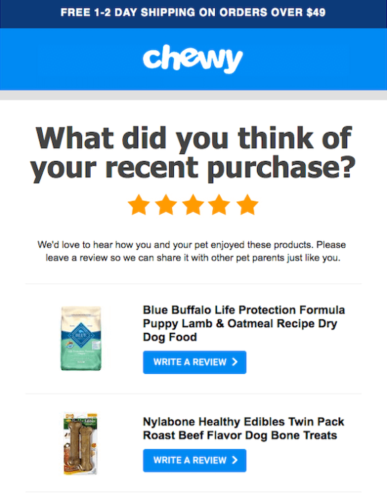 E-Mail mit der Bitte um eine Produktbewertung von Chewy