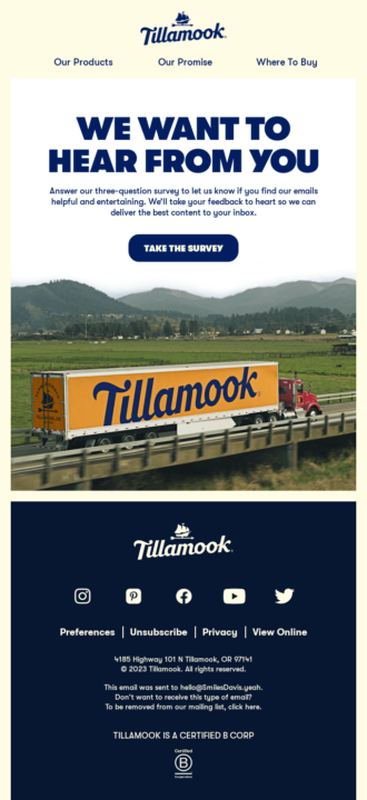 E-mail di riattivazione del feedback dei clienti da parte di Tillamook