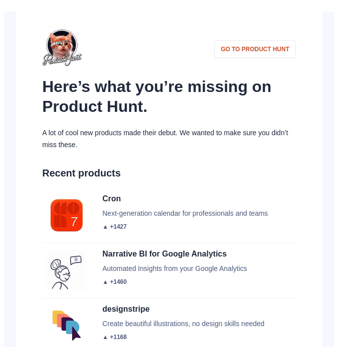 Correo electrónico de reactivación del lanzamiento de un nuevo producto por parte de Product Hunt