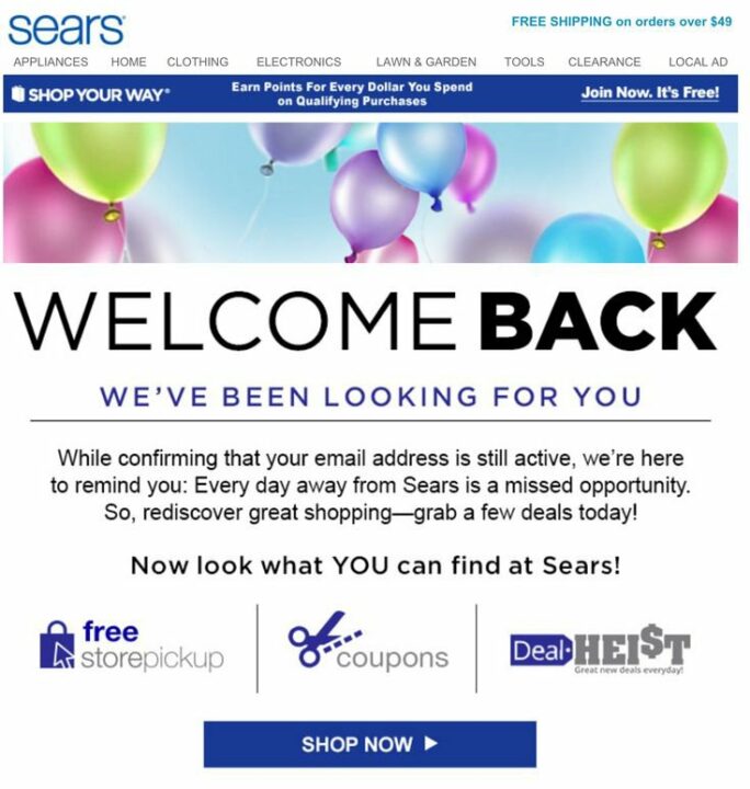 Courriel de réactivation de Sears vous souhaitant à nouveau la bienvenue