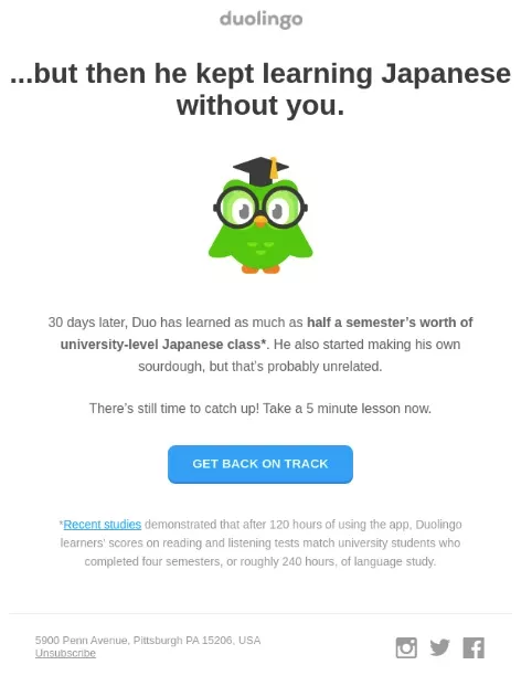 E-mail de reconquête Duolingo