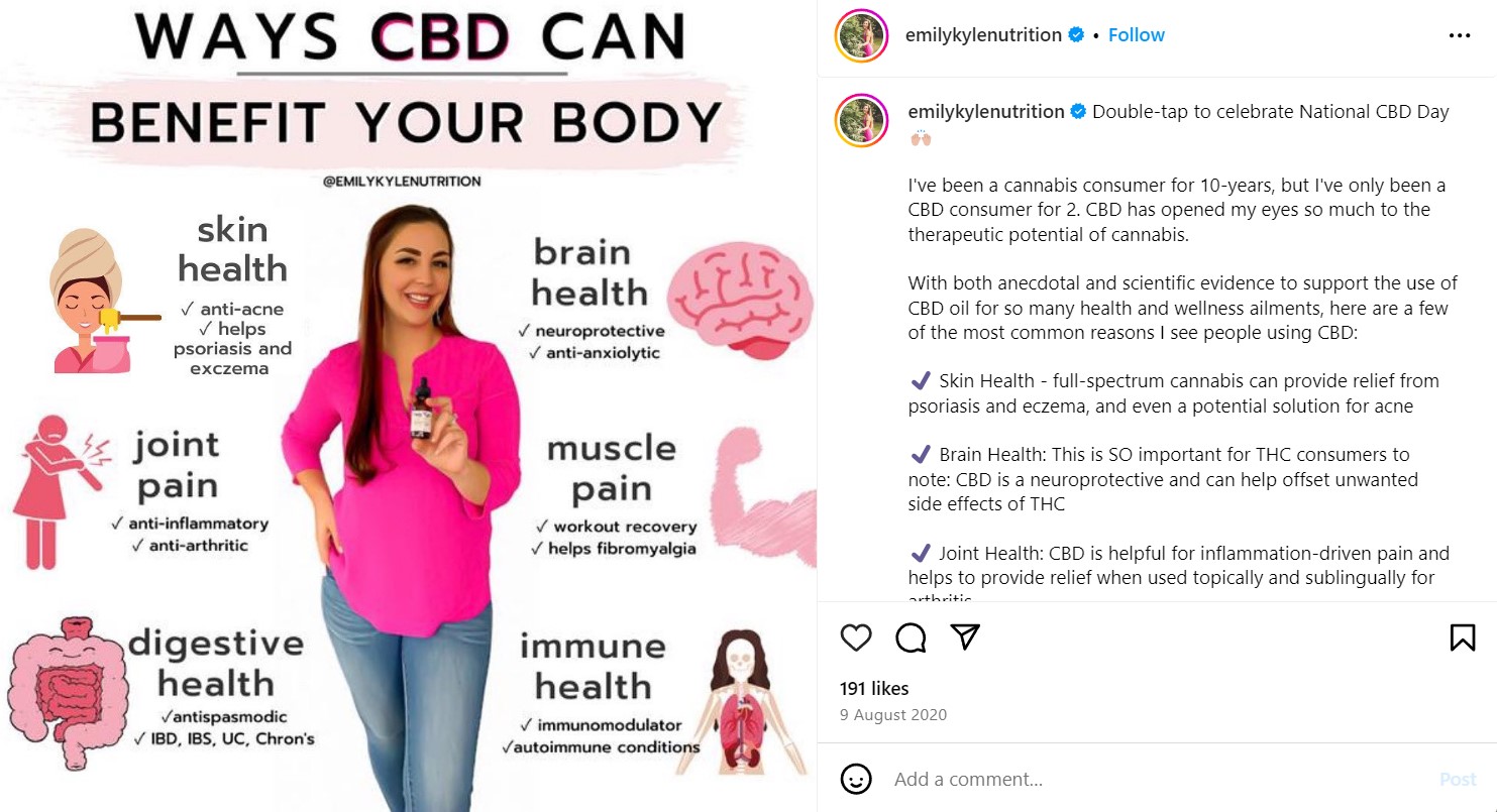 CBD marketing: social media post from Emily Kyle