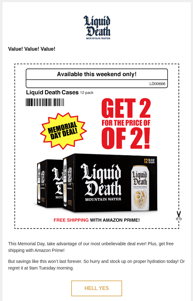 Memorial Day  subject line and email example: Liquid Death