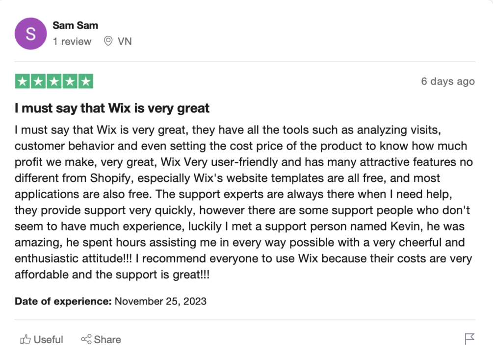 Wix ecommerce customer review 