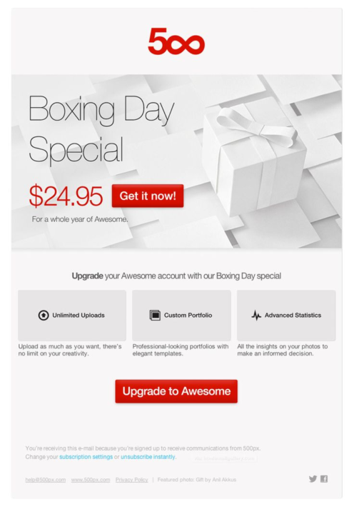  Boxing Day email marketing campaign for 500px