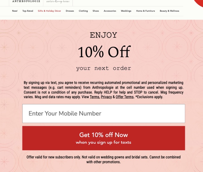 Phone number opt-in website popup example by Anthropologie