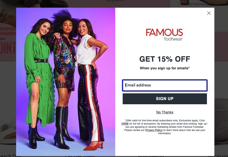 Scroll-triggered website popup example by Famous Footwear