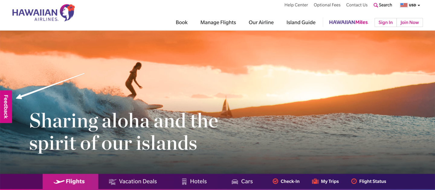 Asking for reviews on a website - strategically placing a button from Hawaiian airlines