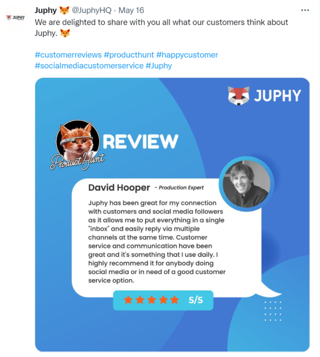 Asking for reviews on social media - showcasing existing reviews from Juphy