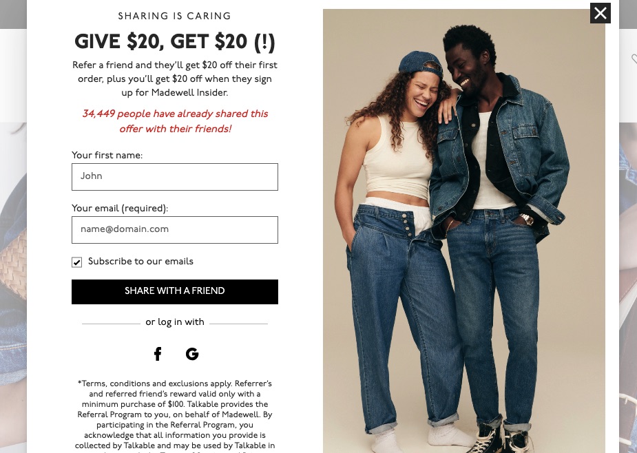 Click-triggered website popup example by Madewell