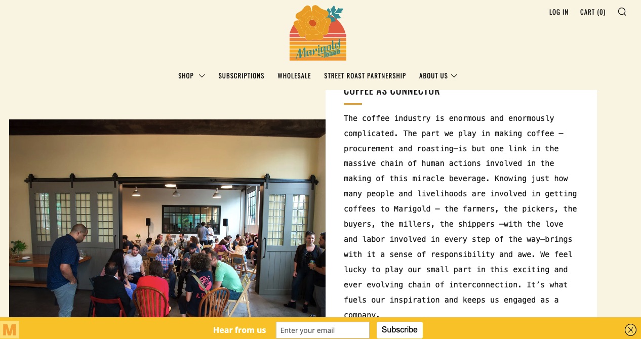 Hello bar website popup example by Marigold Coffee