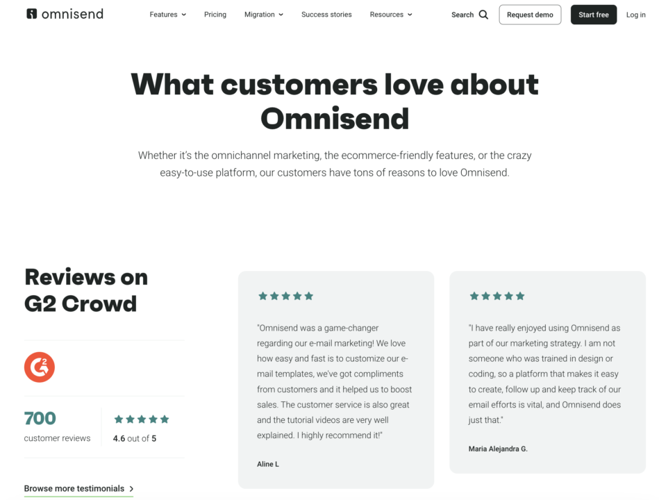 Asking for reviews on a website - dedicated landing page from Omnisend