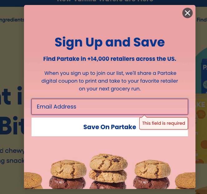 Coupon code website popup example by Partake Foods