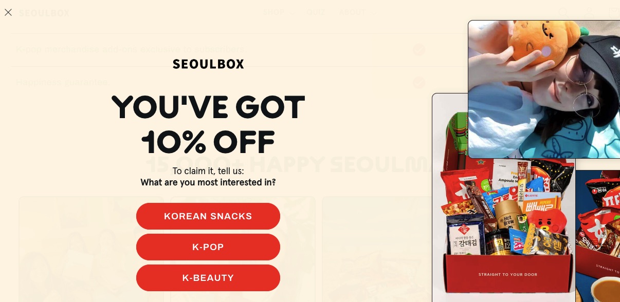 Welcome mat website popup example by Seoulbox