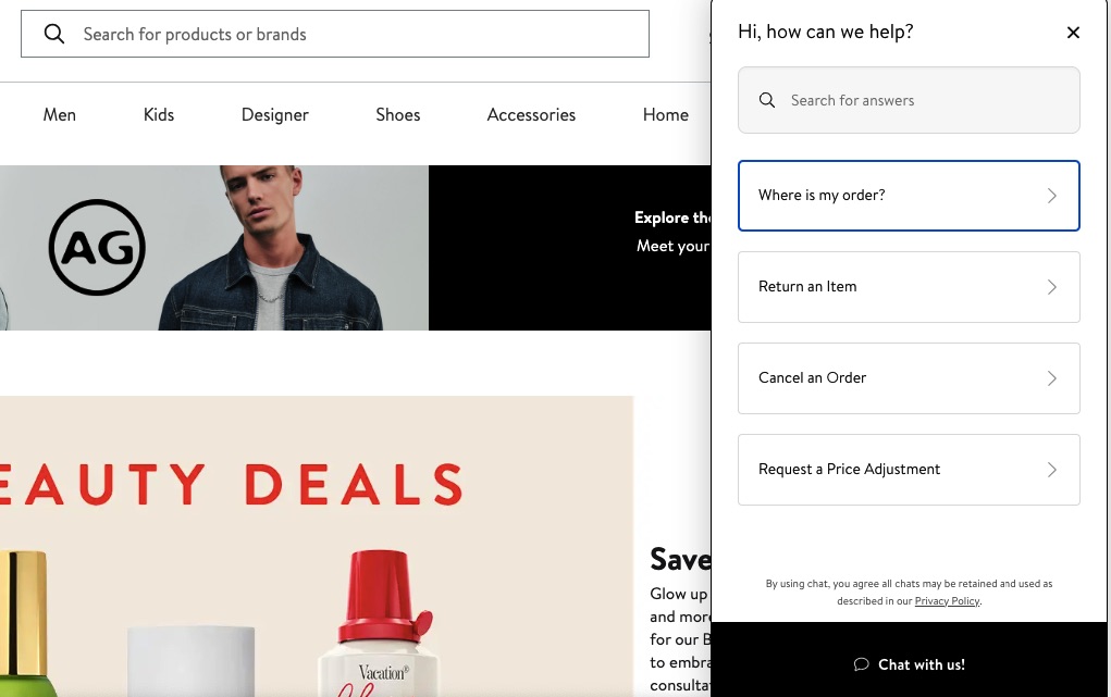 Click-triggered website popup example by Nordstrom