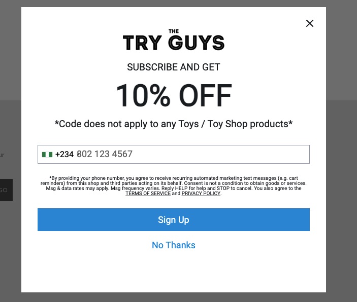 Phone number opt-in website popup example by Try Guys