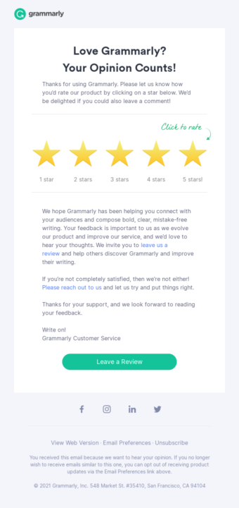 Asking for reviews in an interactive email from Grammarly